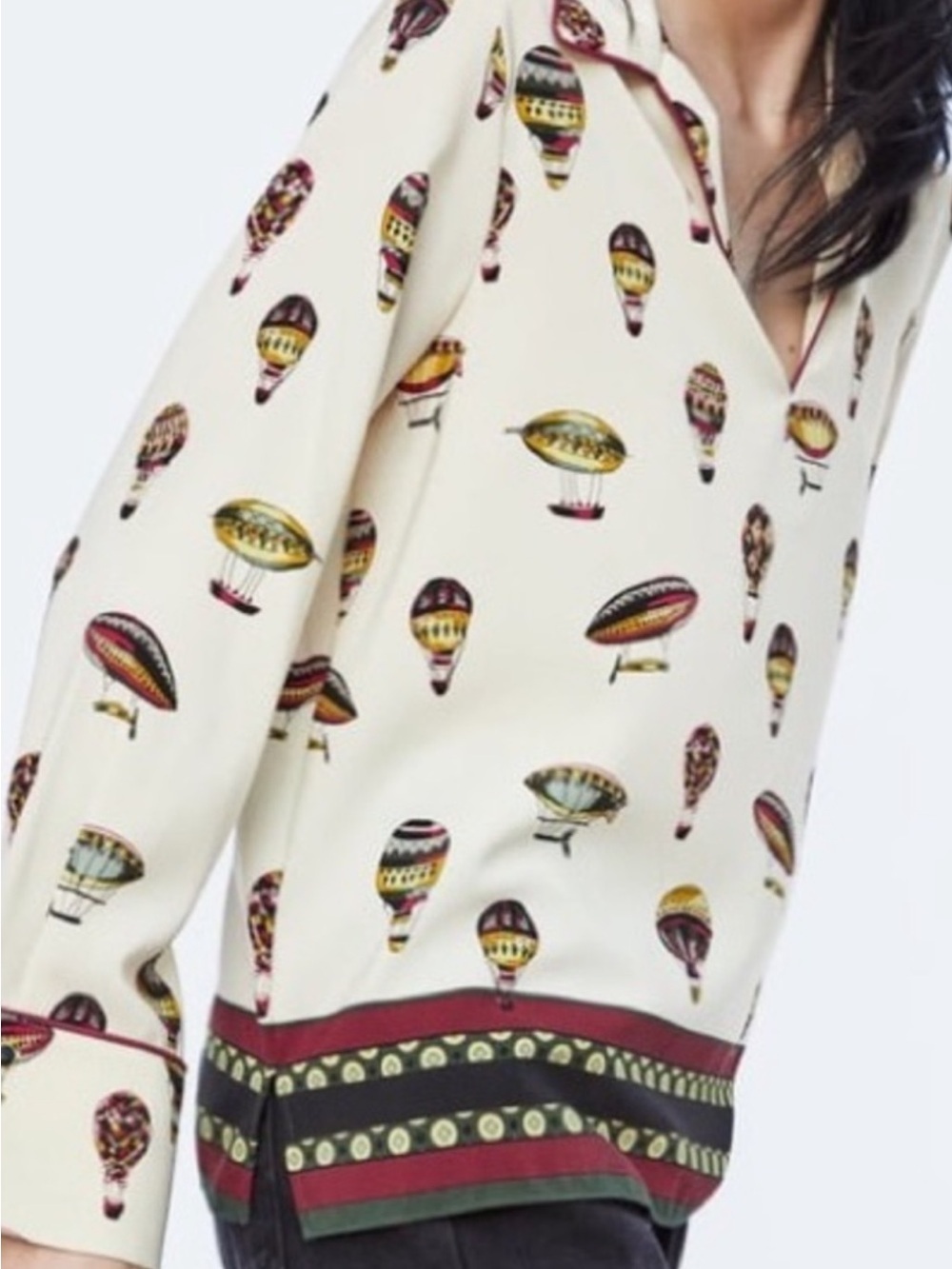 Zara Cream Blouse with Red and Gold Hot Air Balloon Print S